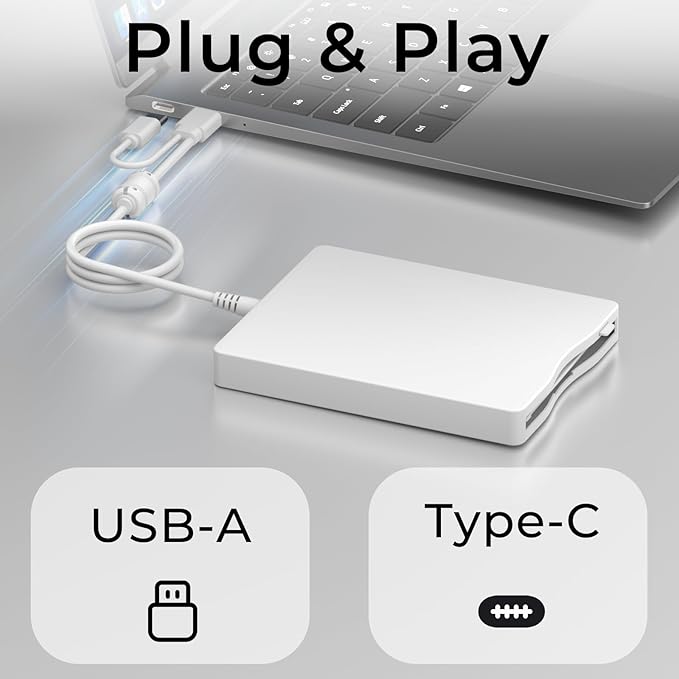 USB Floppy Drive, 3.5" External USB & Type-C Floppy Disc Reader, External Floppy Disk Drive Portable 1.44 MB Plug and Play FDD for PC Windows XP 7 8 10 11(White)