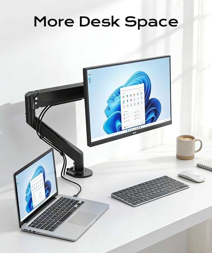 Gas Spring Monitor Arm 35 Inch,Adjustable Single Monitor Desk Mount with Swivel/Tilt/Rotation,Computer Monitors Stand Holder with Clamp Mounting Base, VESA Mount Bracket