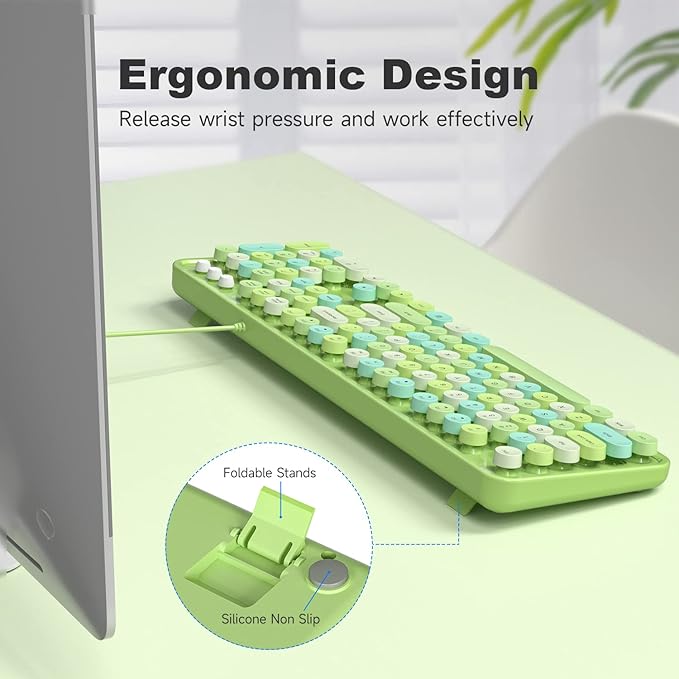 Computer Keyboard Wired, Plug Play USB Retro Round Typewriter Keyboard, Full Size Wired Keyboard with Foldable Stands for Laptop and Office PC - Green Colorful