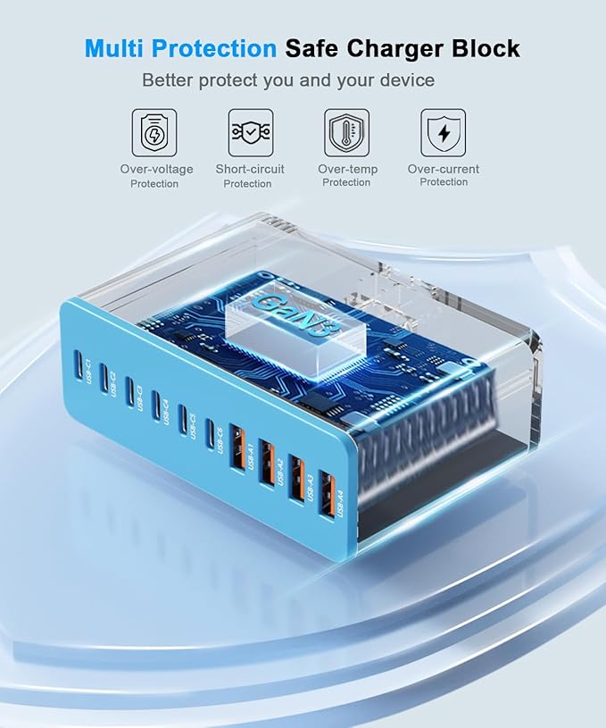 USB C Charging Station 10 Port with 4 USB Cables, 200W GaN Type C Charger Block, Wall Charger Power Strip Adapter Plug for iPad iPhone17 16 15 14 13 12 Pro Max Pixel Note Galaxy