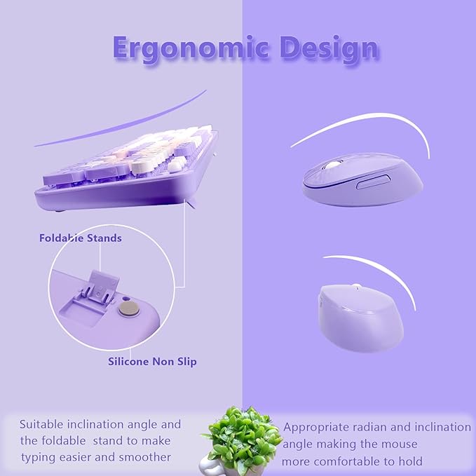 Wireless Keyboard and Mouse Combo, Ergonomic Cute Retro Typewriter Full Size Colorful USB Cordless Keyboard Mouse Set for Gaming and Office (Purple)