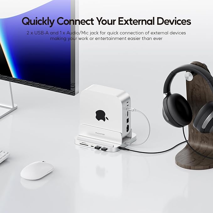 Mac mini M4 Dock with 4TB M.2 SSD Enclosure, 8-in-1 Aluminum Vertical USB-C Hub for Mac mini M4 Pro Hub Stand with USB-A/C 3.2 10Gbps, 2xUSB-A 2.0, 3.5mm Audio, SD/TF (SSD NOT Included)