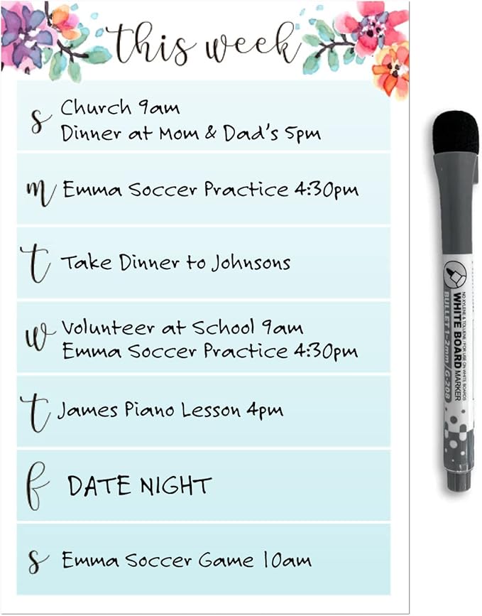 Dry Erase Weekly Calendar Planner Sticker Decal | Removable & Reusable | Magnetic Fine-Tip Marker Included (6 x 9 inches, Floral)