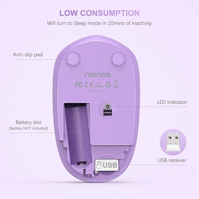 seenda Wireless Mouse for Laptop, 2.4G Noiseless Mouse with USB Receiver - Optical Tracking Portable Computer Mice for Chromebook, PC, Tablet, Windows System, 24 Months Battery Life - Purple