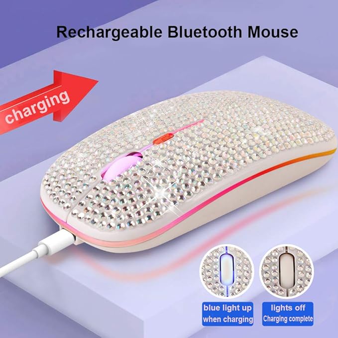 Bluetooth Mouse,Bling Dazzling 2.4GHz Rechargeable Wireless Mouse Slim Mouse with USB Receiver, Compatible with Notebook, PC, Laptop, Computer, MacBook,Great Present idea for Her (White)