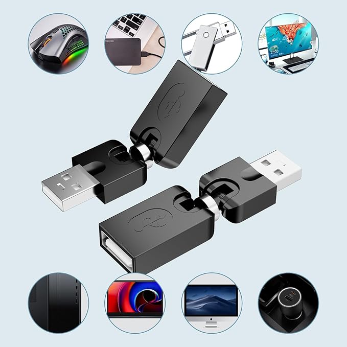 BERLAT Swivel USB 2.0 Adapter, 2 Pack Rotatable USB 2.0 Type A Male to Type A Female 360 Degree Rotation Adjustable Right Angle Extension Adapter Convertor (Black, AM-FM)