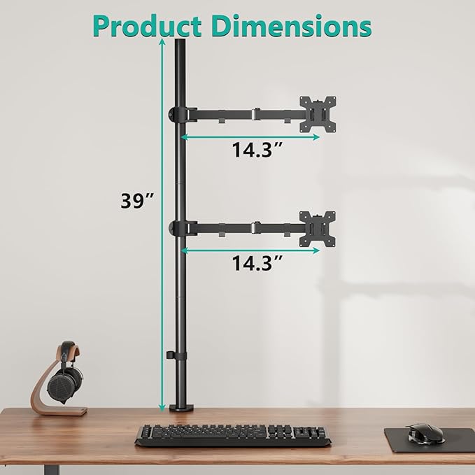 WALI Stacked Monitor Mount, Dual Monitor Stand Vertical for 2 Computer Screens Max 27'', Vertical Monitor Mount for Desk Holds up to 22lbs with Mounting Holes 75/100mm (M12XXL), Black