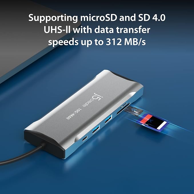 j5create USB C 4K Triple Display Hub - 4K HDMI x2, 4K DP, 2 USB-A and USB-C 10Gbps, PD 100W, Ethernet, SD 4.0 Card Reader | for XPS, Surface Pro (JCD397)