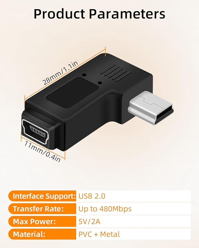 RIIEYOCA Mini USB 5 PIN Adapter,90 Degree Left and Right Angled Mini USB Male to Female Connector,Supports Charging and Data Transfer for Mobile Phones,Cameras,Laptops etc.(2Pack)