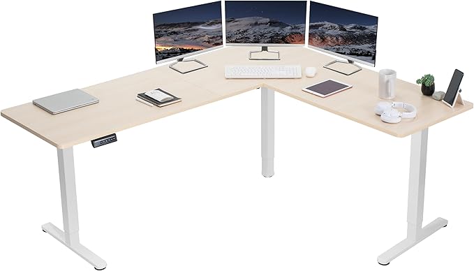 VIVO Corner Standing Desk, 75 x 63 inch Reversible L-Shaped Workstation, Electric Height Adjustment, Home, Office, and Reception Rooms, Light Wood Table Top White Frame, DESK-E3CTC-75