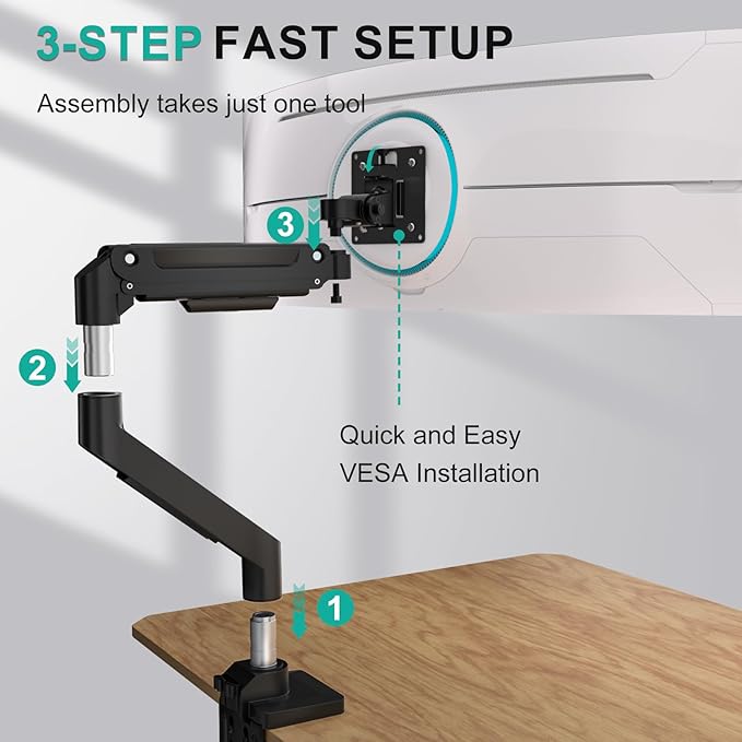 WALI Ultrawide Single Monitor Arm for 13-49 Inch Heavy Duty Curved Screens, up to 44 Lbs, Adjustable Gas Spring Single Monitor Desk Mount with C-Clamp, Grommet Base, 75/100mm VESA (GSM001XL), Black