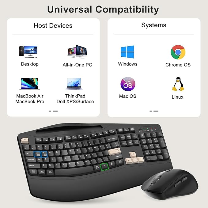 Wireless Keyboard and Mouse Combo, 2.4G Full Size Wave Keys Ergonomic Keyboard with Wrist Rest, Phone Holder, 3-Level DPI Wireless Silent Mouse with 6-Buttons, for Windows (Latte Black)