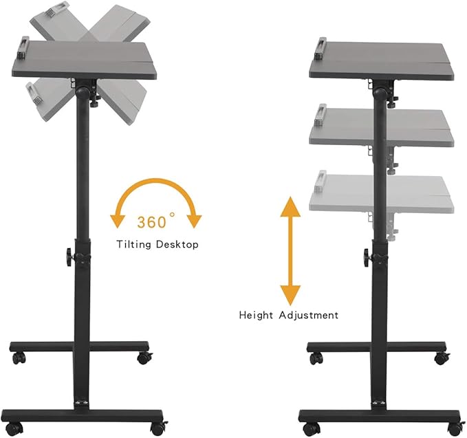 TigerDad Overbed Bedside Desk Mobile Rolling Laptop Stand Tilting Overbed Table with Wheels Height Adjustable Tray Table for Laptop Bed Sofa Side Table (Black)