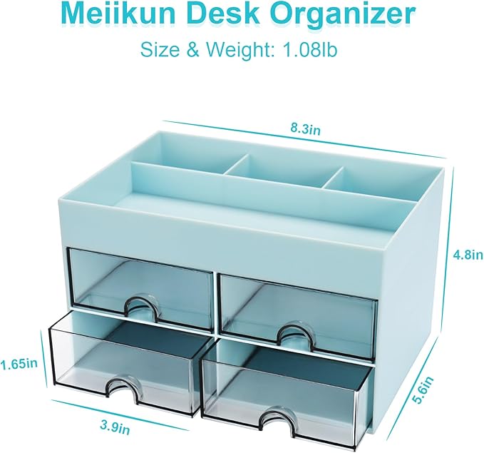 Desk Organizer, Office Organizer with Drawer, Desk Accessories & Workspace Organizers, Pen Holder Office Supplies for Desk (4 Drawers+4 Compartments, Blue)
