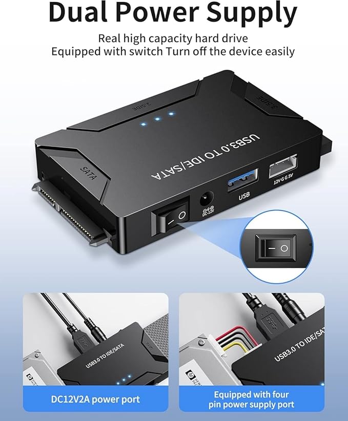 POSUGEAR USB 3.0 to IDE and SATA Adapter, Hard Drive Adapter Cable Universal for 2.5/3.5 inch HDD/SSD Hard Drive Disk, Hard Drive Reader with 12V/2A Power Adapter