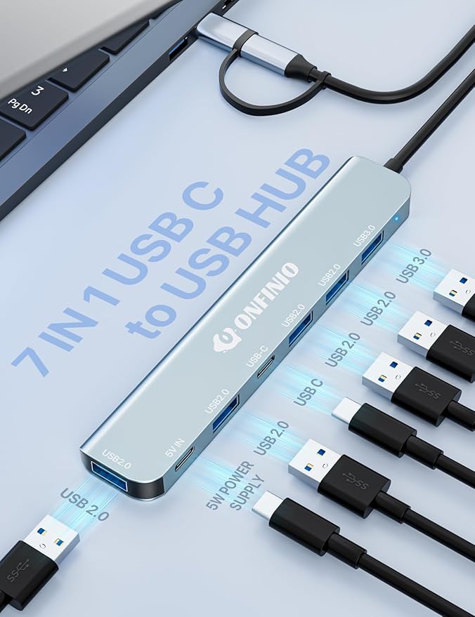 USB C/USB Hub Multiport Adapter,7 in 1 Aluminum USB 3.0 Hub with 1 *USB 3.0, 4*USB 2.0,1*USB C and 1 * 5IN Power Port for PC/Laptop/MacBook/iPad Pro and More Devices