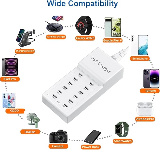 USB Charging Station, 50W Charging Block with 12 Type-C Multiple Ports Power USB Strip Multiport Charging Block Compatible with iPhone 13/14/15/16/Smartphone/Tablets/Watch/Headphones