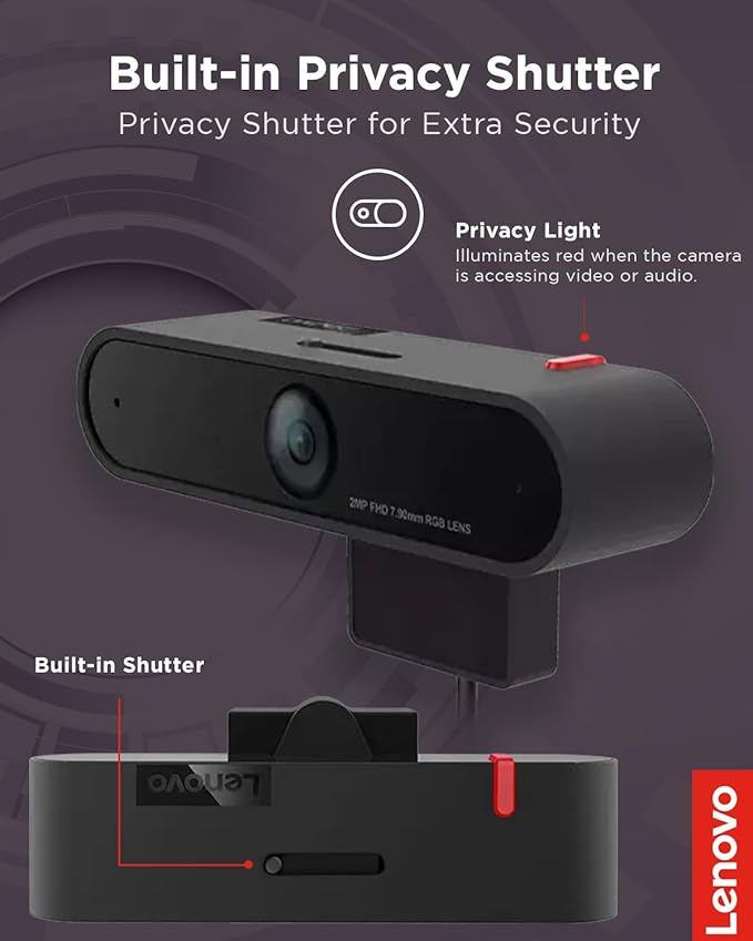 Lenovo HD 1080p Webcam (LC50) - Monitor Camera with 90° Wide Angle, Dual Microphones & Smart Video Capture – Magnetic Desktop Cam w/ Privacy Shutter & Light for Virtual Class, Meetings & Conferences