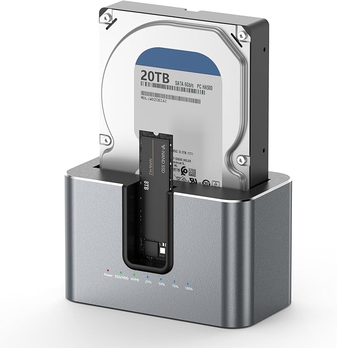 MiliPow Dual Bay Hard Drive Docking Station with Offline Cloning, SATA to NVMe Cloner for 2.5"/3.5" SATA HDD/SSD and M.2 NVMe SSD, UASP Supported, Up to 28TB