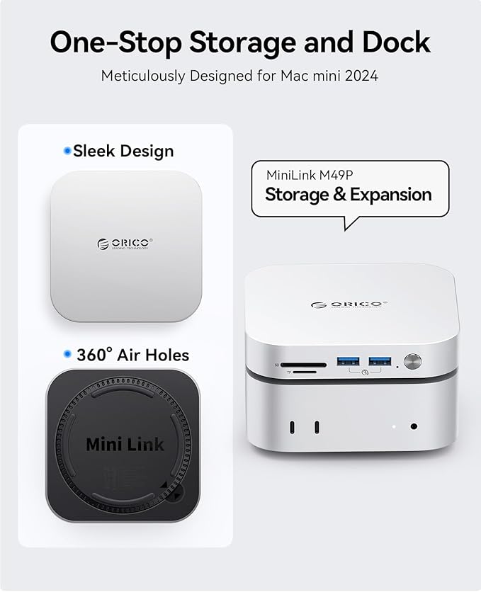 ORICO MiniLink Mac mini M4 USB Hub Compatibility with NVME/SATA M.2 SSD Enclosure, 9-in-1 Aluminum Dock,2 ×USB A 10Gbps, 2 × USB A 2.0,3.0 SD/TF Card Readers, 3.5mm Headphone & Microphone Jacks(M49P)