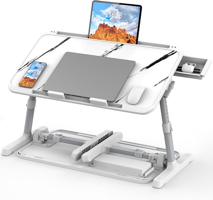 Laptop Bed Tray Table, Adjustable Sturdy Laptop Stand for Bed with Premium Materials, Folding Portable Lap Desk with Drawer for Writing Working Reading Eating Couch Floor (Marble, 22.04"×12.2")