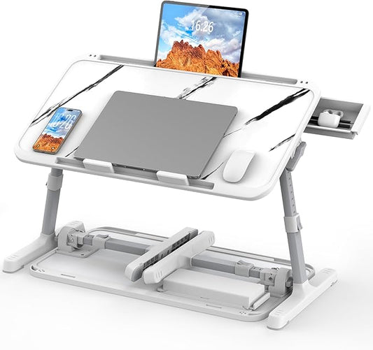 Laptop Bed Tray Table, Adjustable Sturdy Laptop Stand for Bed with Premium Materials, Folding Portable Lap Desk with Drawer for Writing Working Reading Eating Couch Floor (Marble, 22.04"×12.2")