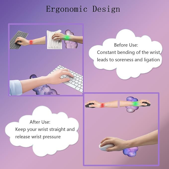 Cloud Wrist Rest Keyboard Purple Cloud Mouse Pad Set 4PCS Galaxy Large Desk Mat Ergonomic Space Wrist Pad Support Memory Foam Non-Slip Wrist Rest for Keyboard and Mouse Computer Gaming Home Office