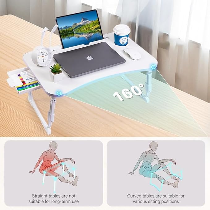 Laptop Desk for Bed, Height Adjustable Laptop Bed Table, Foldable Portable Lap Desk Stand with USB/Storage Drawer/Cup Holder/Slot, Breakfast Tray for Working Reading Writing Eating, White