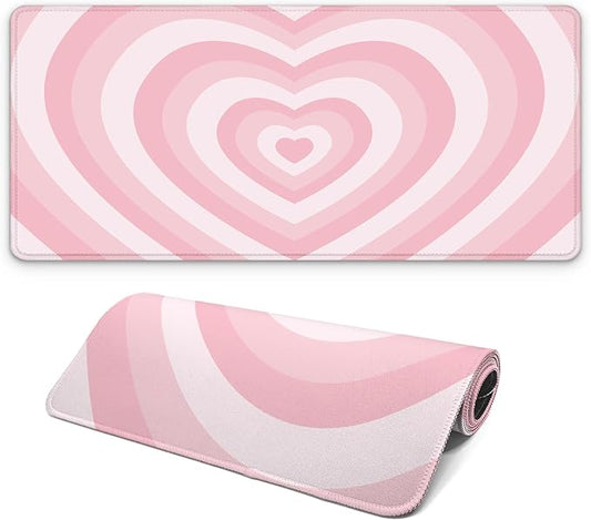 Gaming Mouse Pad with Non-Slip Base, Cute Mouse Mat with Stitched Edges for Keyboard and Mouse, Large Anime Mousepad for Computer, 31.5 x 11.8 inches (Pink Heart)