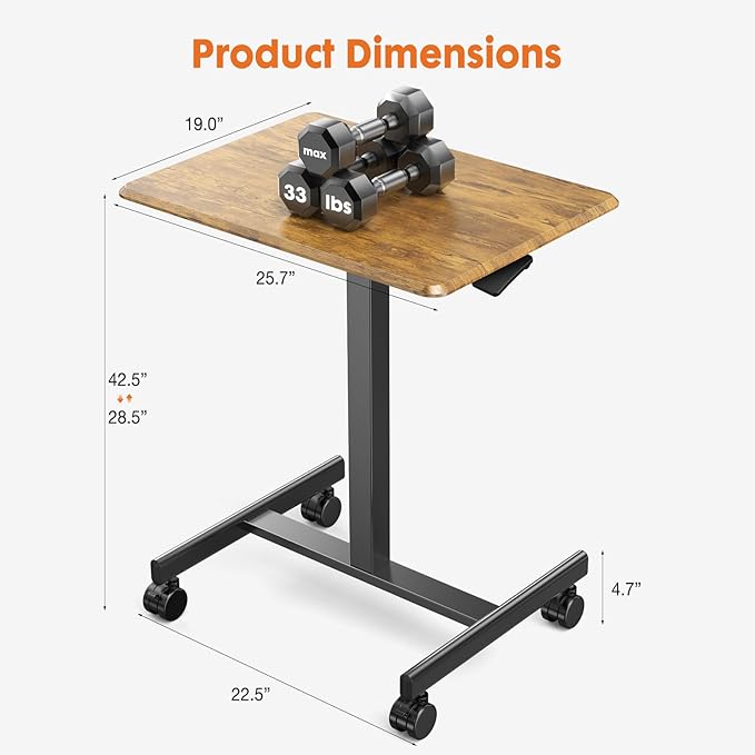 Sweetcrispy Small Mobile Standing Desk, Rolling Laptop Computer Carts, Portable Laptop Desk with Wheels, Adjustable Height Table for Home Office, Rust Brown