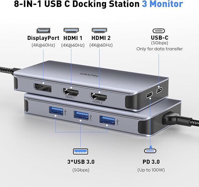 USB C Docking Station Dual Monitor Adapter for Laptop, 8-in-1 Docking Station for 3 Monitors, 4K@60Hz USB C Dock Dongle with 2 HDMI+DP, 5Gbps USB A & C, 100W PD, for MacBook, Dell, HP, Surface