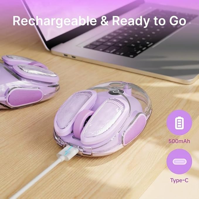 EWEADN Q9 Wireless Clear Mouse Dual Mode Bluetooth & 2.4G USB Computer Mouse with RGB Lighting, Silent Clicks, Multi-Device Compatibility for Laptop, PC, MacBook, iPad Cute Mouse-Purple