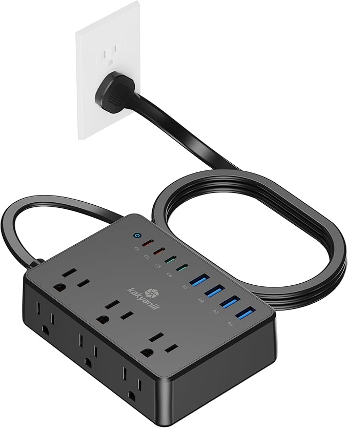 100W Power Strip, 6 AC Outlets 8 USB Ports(4 USB C) with 2000J Surge Protector, 5ft Flat Plug Extension Cord, Compact for Desk Home Office Dorm, Black