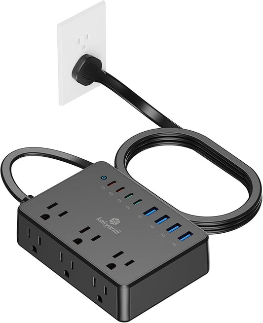 100W Power Strip, 6 AC Outlets 8 USB Ports(4 USB C) with 2000J Surge Protector, 5ft Flat Plug Extension Cord, Compact for Desk Home Office Dorm, Black