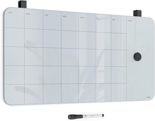 U Brands Magnetic Cubicle/Wall Glass Dry-Erase Monthly Calendar Board, 23" X 12" Inches, White Frosted Surface, Frameless