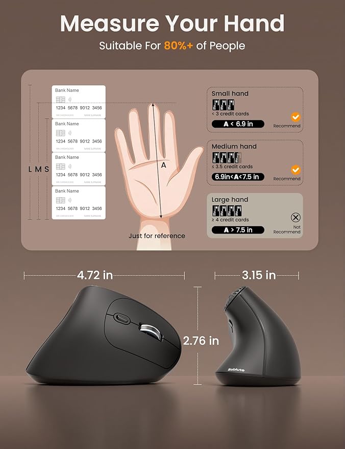 SABLUTE MAM51 Ergonomic Mouse Wireless with Side Scroll Wheel,Bluetooth Mouse with 4000 DPI,8 Buttons Office Wireless Computer Mouse,Small to Medium Sized Hands Vertical Mice for PC and Desktop-Black