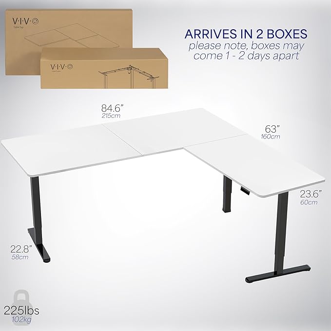VIVO Corner Standing Desk, 84 x 63 inch Reversible L-Shaped Workstation, Electric Height Adjustment, Home, Office, and Reception Rooms, White Table Top Black Frame, DESK-E3CTBW-84