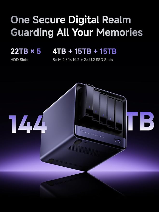 MINISFORUM N5 Pro AI NAS with AMD Ryzen AI 9 HX Pro 370, 2x SODIMM DDR5-5600MHz Slot(ECC Support), 128GB SSD, 1xHDMI+2xUSB4 Outputs, 5x HDD Slot, M.2 2230/2280/22110/U.2 slots, 5GbE+10GbE Lan Port NAS