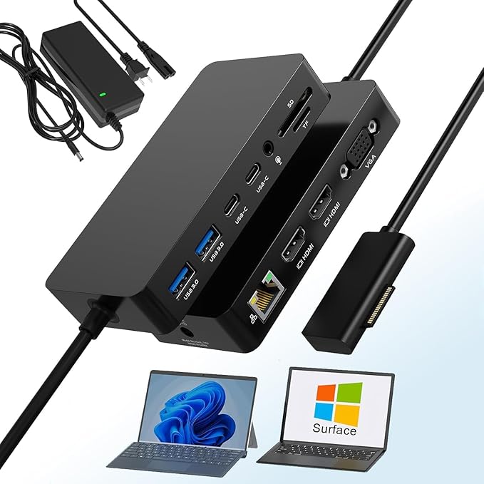 Dual HDMI+VGA Dock Works with Microsoft Surface Devices - 12-in-1 Triple Display Microsoft Surface Docking Station for Surface Pro (12/11/10/9/8/X/7/6/5/4), Surface Laptop, Surface Go, Surface Book