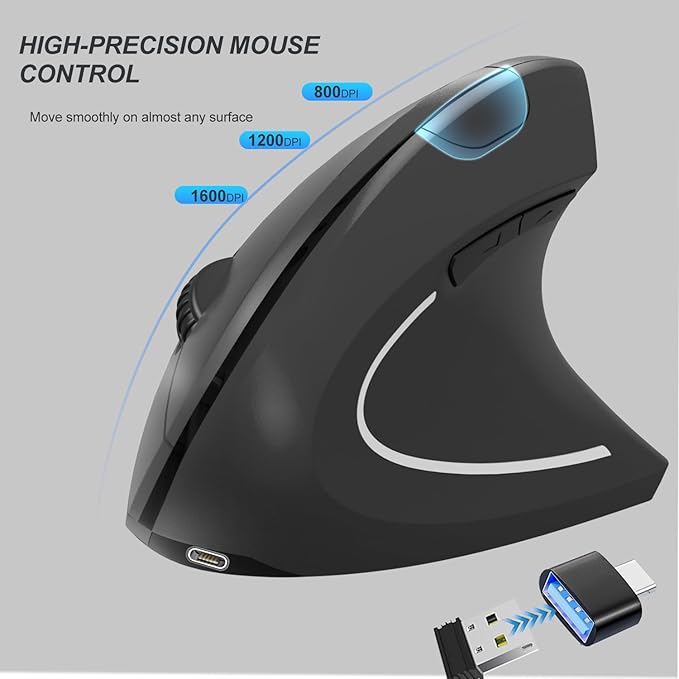 Vassink Ergonomic WirelessMouse, USB A+Type C(2 in 1) Connection, 800/1200/1600 DPI, 6 Silent Buttons, 2.4GHz Carpal Tunnel Rechargeable Vertical Mice, for Laptop, Desktop,MacBook-Black