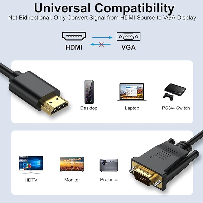HDMI to VGA Cable 5-Pack, HDMI to VGA 3.3 Feet 1080P HD Video Cord Compatible for Computer, Desktop, Laptop, PC, Monitor, Projector, HDTV and More (NOT Bidirectional, 1M)