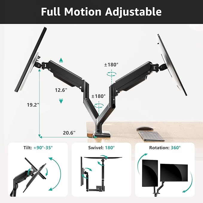 Dual Monitor Arm Desk Mount – Adjustable Gas Spring Monitor Stand for 13”–34” Screens, Full Motion Swivel, Tilt & Rotation, Heavy Duty VESA Mount for Gaming, Programming, and Office Setup