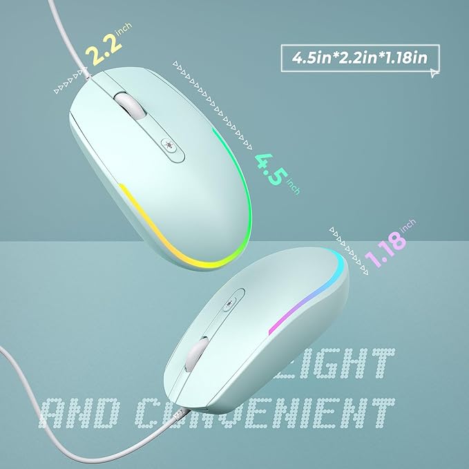 seenda Wired Mouse - USB Computer Mice Wired with RGB Backlit Optical LED Mouse with Attached USB Cord for Laptops Notebooks Chromebook - Mint Green