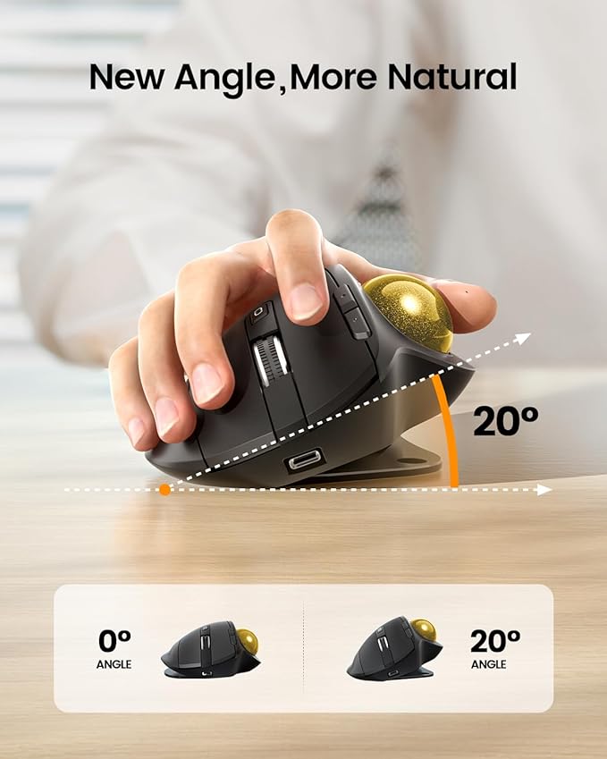 ProtoArc Wireless Trackball Mouse, EM01 NL Ergonomic Bluetooth Rollerball Thumb Rechargeable Computer Laptop Mouse, Adjustable Angle & 3 Device Connection for PC, Mac, Windows-Gold Ball