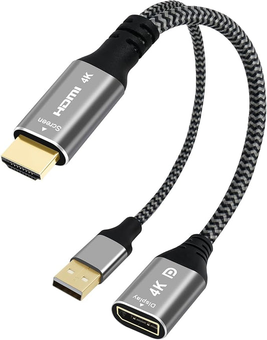 4K HDMI to DisplayPort Adapter with USB Powered, Uni-Directional HDMI Male (Source) to DP Female (Screen), 4K@60Hz, Nylon Braided Converter Connector, Compatible with Xbox One, PS4, PS5, AMD - 0.6 FT