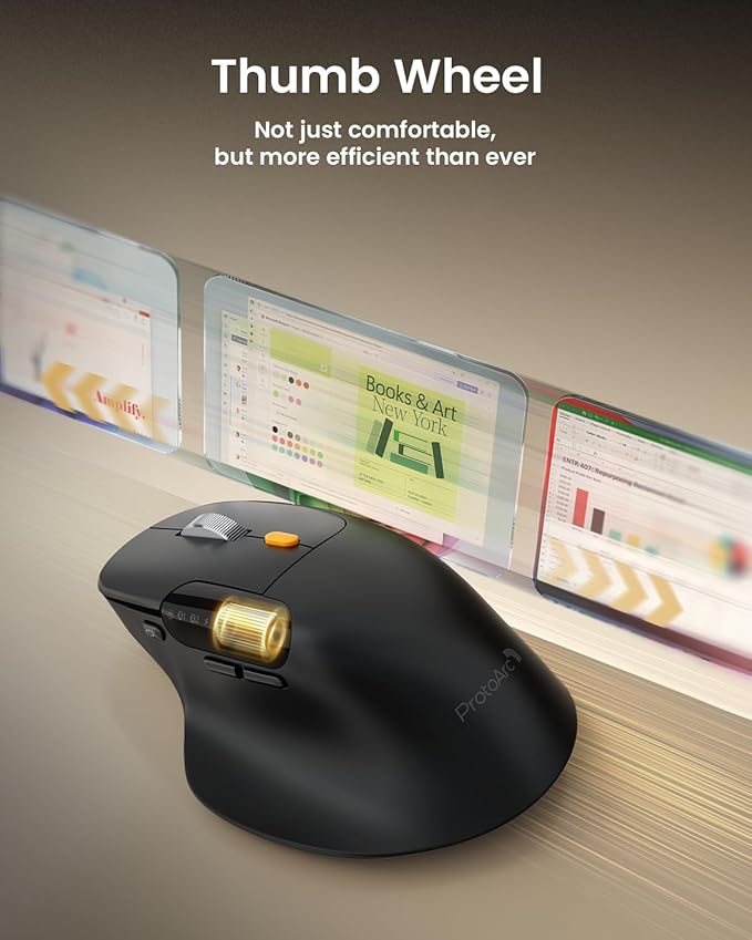 ProtoArc Ergonomic Bluetooth Mouse, EM25 USB Wireless Mouse, Fast Scrolling & Thumb Scroll Wheel, Buttons Customizations, 8000 DPI, Quiet, Rechargeable, Compatible with Windows/Mac/Android, Black