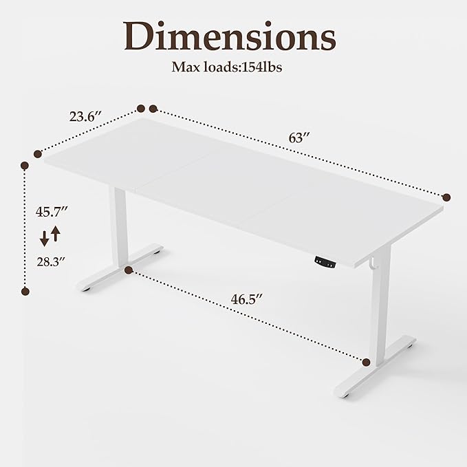 Klicelor 63 Inch Large Electric Standing Desk, Height Adjustable Office Desk, Sit Stand Up Computer Gaming Desk with Memory Preset, Three-Piece Desktop, White