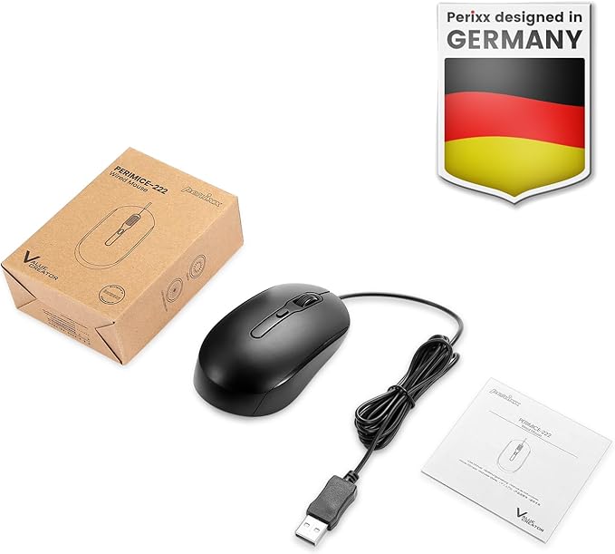 Perixx PERIMICE-222UB Wired USB Optical Mouse, Long 5.9 Ft Cable, Adjustable DPI 1200/1600/2000, Silent Clicks, Ergonomic Design, Black