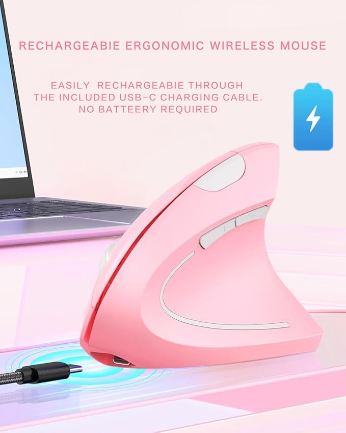 Ergonomic Mouse Wireless, Rechargeable Mouse Silent for Carpal Tunnel Right Hand, 2.4GHz USB Vertical Mouse Wireless for Laptop etc, 3 Adjustable 800/1200/1600 DPI, Pink
