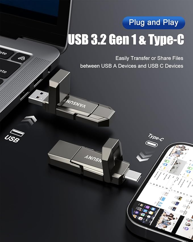 Vansuny 1TB Portable External Hard Drive Up to 500MB/s USB Solid State Drive USB 3.2 Dual SSD for Android Phone Tablet Laptop MacBook PC